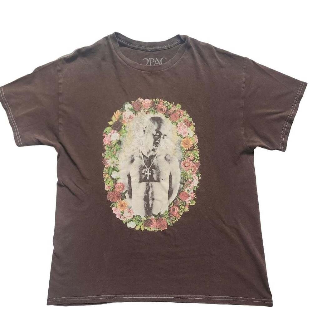 2Pac Tupac Shakur Brown Floral Wreath Graphic T-Shirt Medium